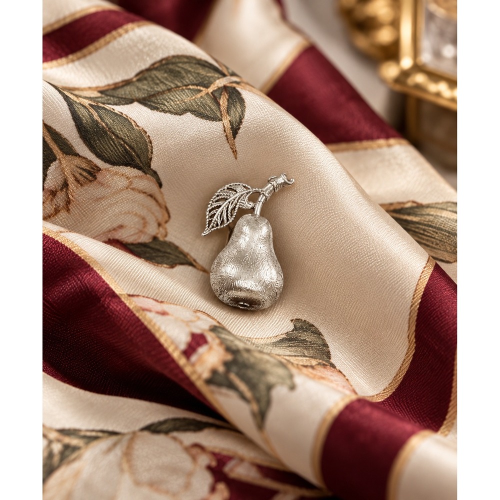 Vintage Crown Trifari Silver Tone Textured Pear Fruit Figural Brooch Pin